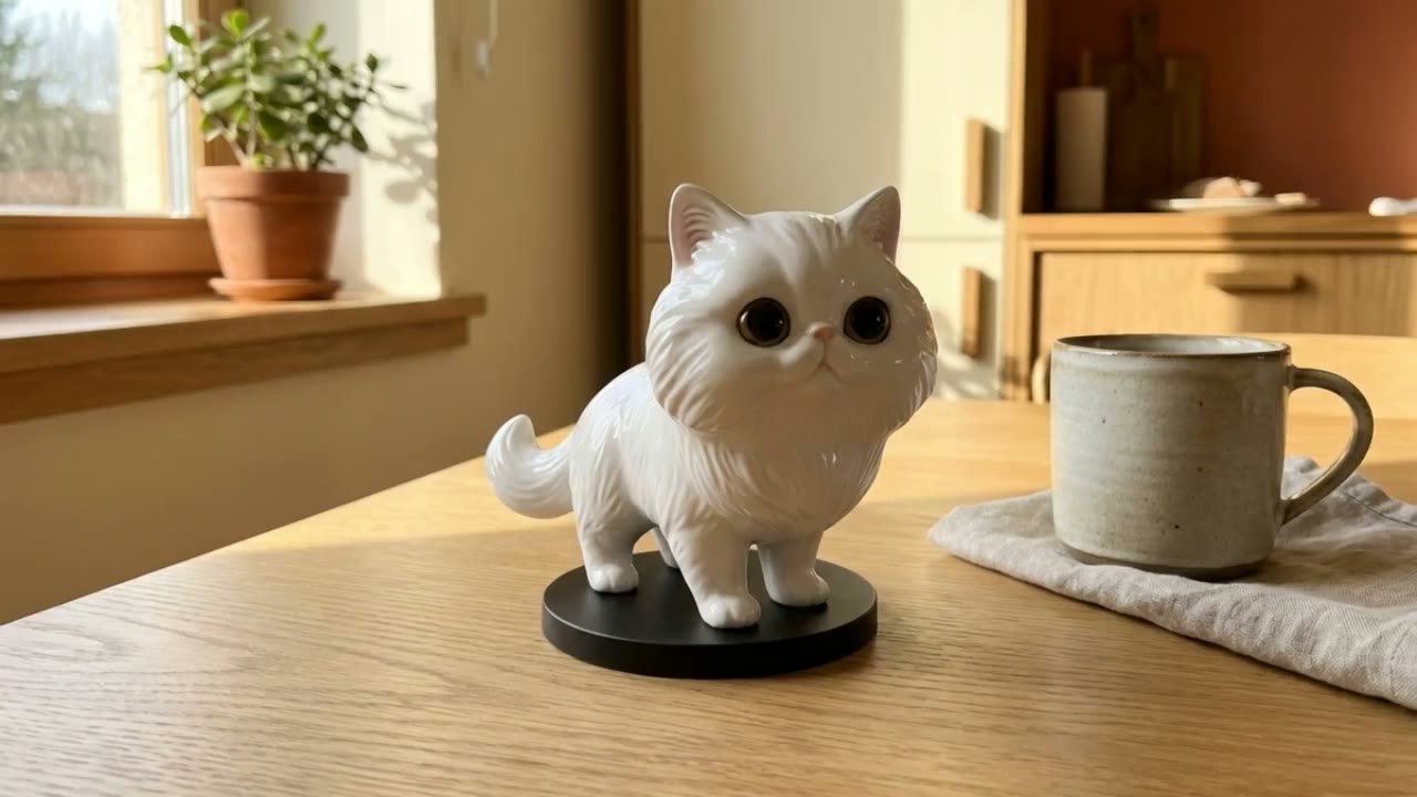A small glossy white cat figurine standing on its display base on a sunlit wooden kitchen table, next to a mug.